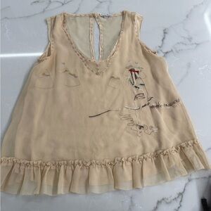 American Retro Beige Embroidered Chiffon Ruffle Tank
